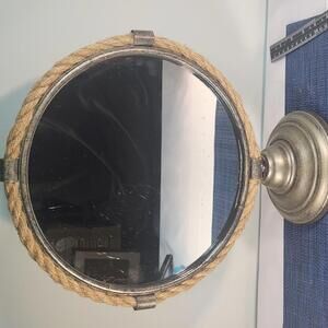 Vintage Round Table Mirror with Rope Frame and Metal Base  18x13 inches